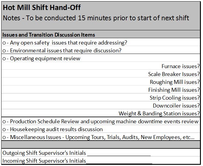 Shift Hand off chart